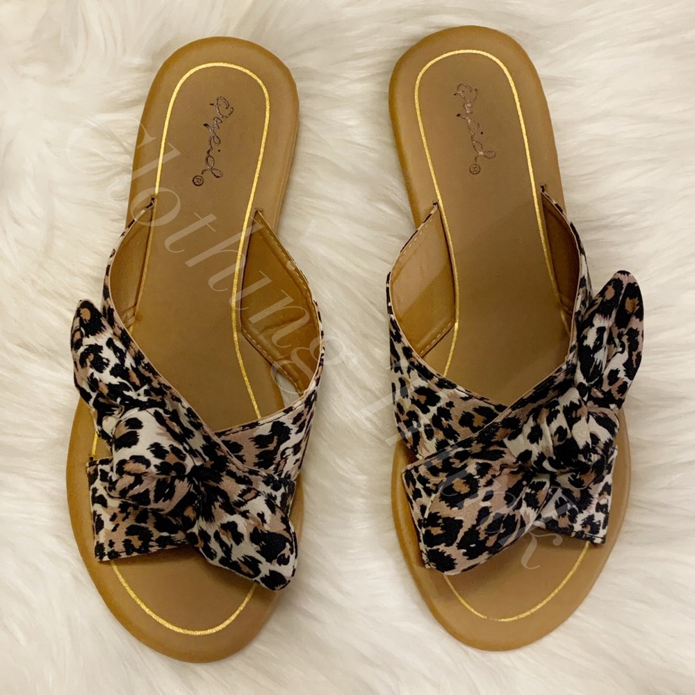 NIB Women’s Leopard Bow Slide Sandals | Qupid | Animal Print Slip-On Shoes - Picture 8 of 15